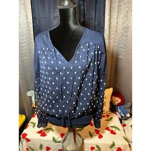 Free People Navy Blue Sheer Polka Dot Embroidered Peasant  Top S